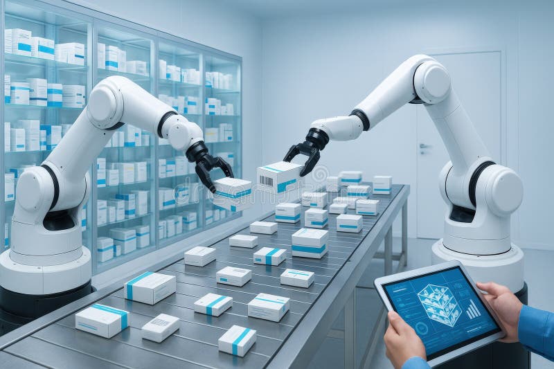 Innovative Robotic System Automating Pharmaceutical Packaging Process royalty free stock photos