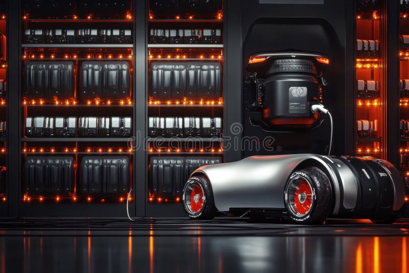 Innovative robotic vehicle charging in a futuristic technology hub royalty free stock photos
