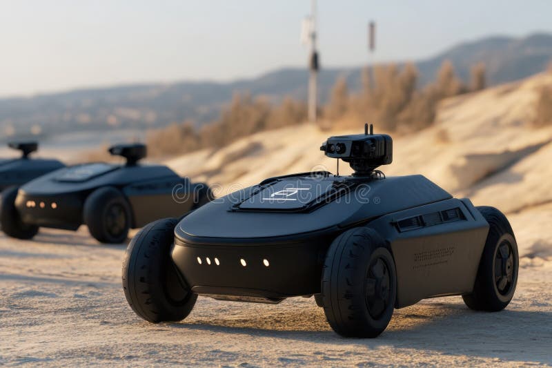 Innovative robotic vehicles exploring sandy terrain during sunset stock image