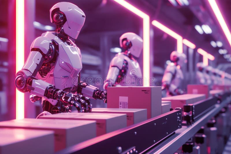 Innovative Robotics: Sorting Conveyor in Red and Violet Tones. stock illustration