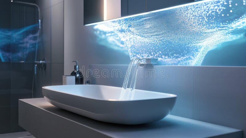 An innovative smart bathroom featuring a holographic display that controls water temperature lighting and ambient sound stock image