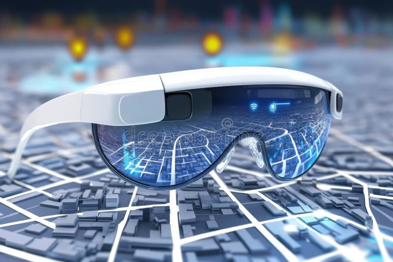 Innovative smart glasses display augmented reality over a city map stock photos