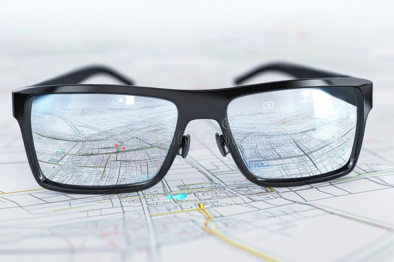 Innovative smart glasses displaying digital map on their lenses for navigation use stock illustration