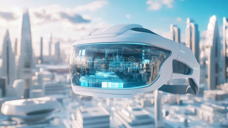 Innovative smart glasses presenting digital data against the scene of a futuristic city. stock images