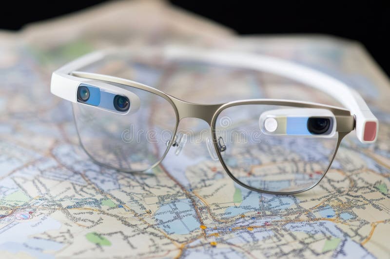 Innovative smart glasses resting on a detailed city map for navigation and exploration royalty free stock photo