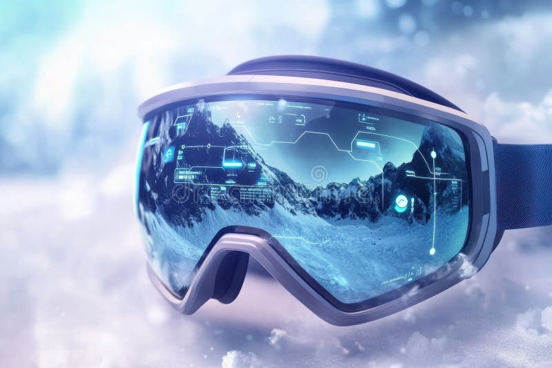 Innovative smart goggles with mountain landscape reflection in snowy environment stock photos