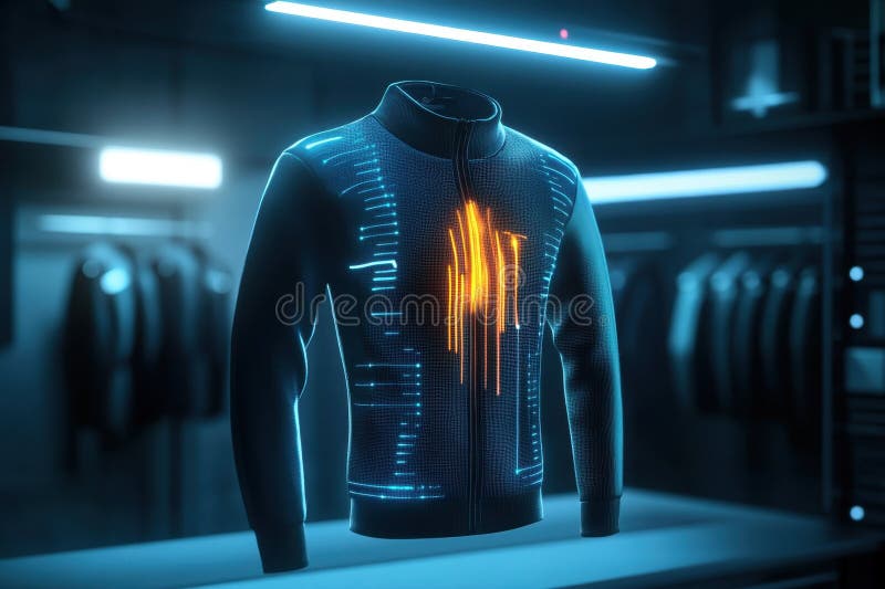 Innovative smart jacket with glowing technology displayed in futuristic store setting stock photography