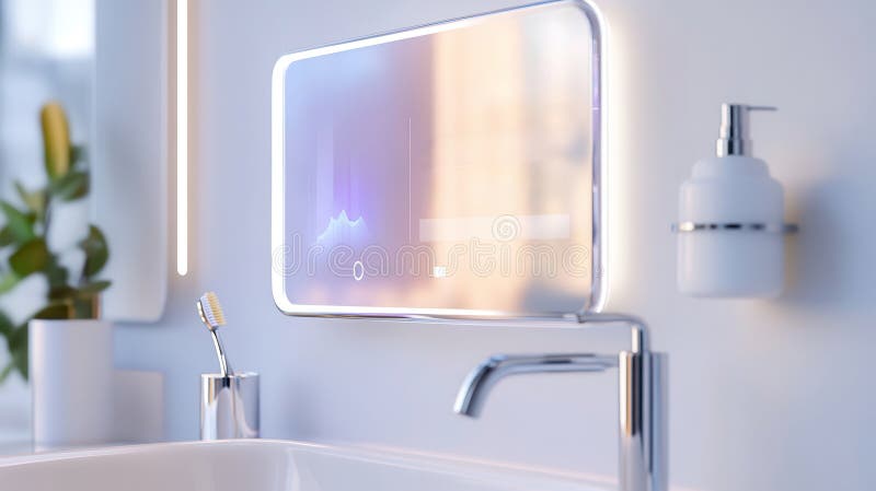 Innovative smart mirror above a modern bathroom sink with led lighting and touch display interface in a minimalist stock images