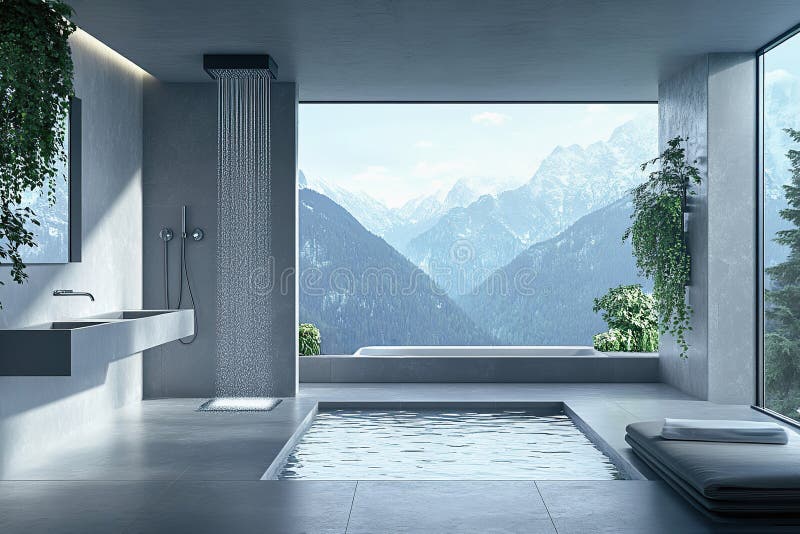 Innovative smart shower system offers personalized experience with stunning mountain view royalty free stock photo