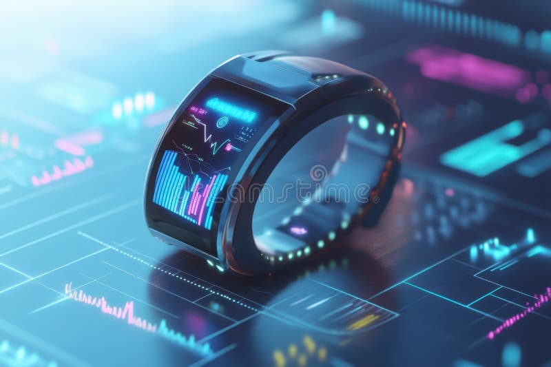 Innovative smart wristband displaying data and analytics in a futuristic digital environment vector illustration