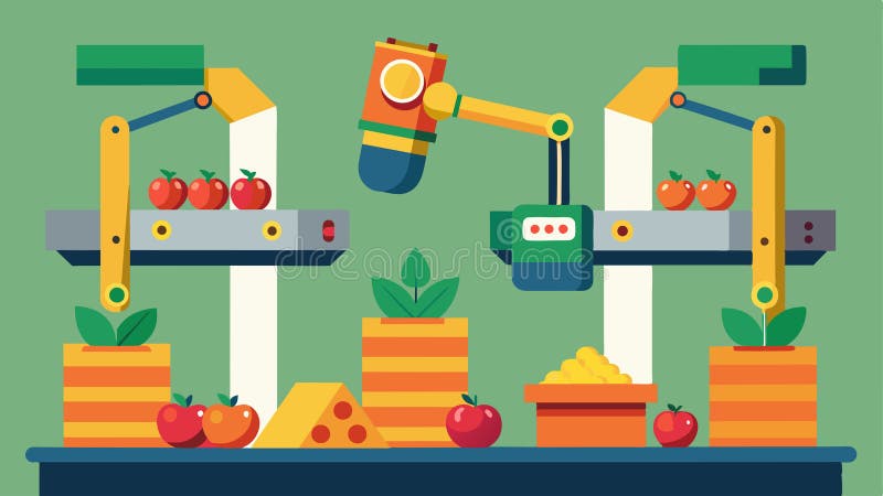 An innovative sorting system utilizes robotic arms and 3D cameras to scan and sort vegetables in realtime optimizing the stock illustration