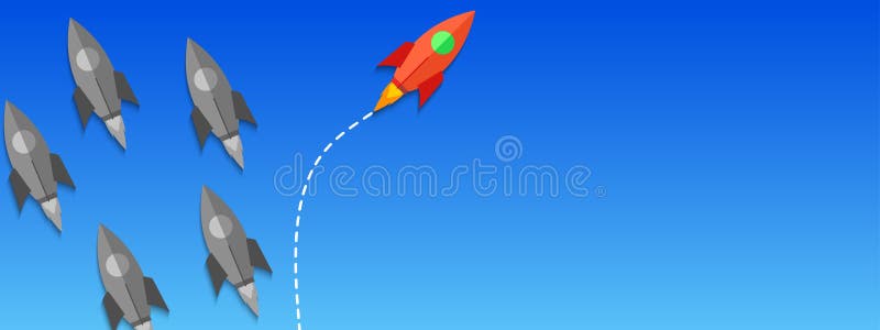 Innovative startup banner business concept. Think different concept with flying rocket in the space. Choosing another path – vector