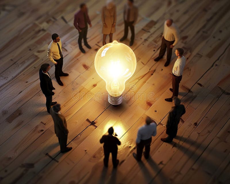 Innovative team interacting with 3D idea bulb, eyelevel, warm light , clean sharp focus vector illustration