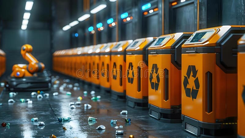 Innovative Waste Disposal Robots Utilizing Advanced Technology for Effective Waste Sorting. Concept vector illustration