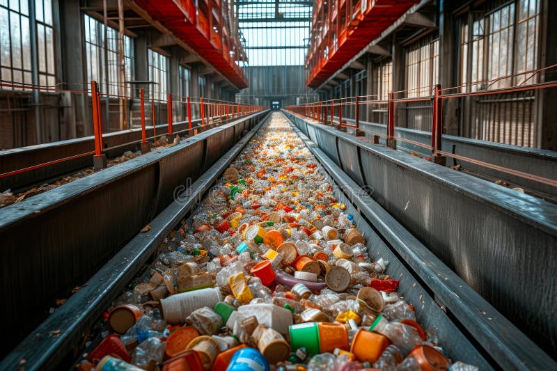 Innovative Waste Management Complex: Sorting Conveyors and Recycling Stations. royalty free illustration