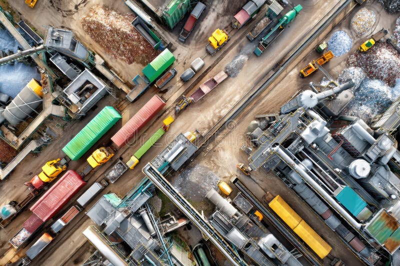 Innovative Waste Sorting Facility Captured From Above Showcasing Organized Machinery and Efficient Layout stock photography