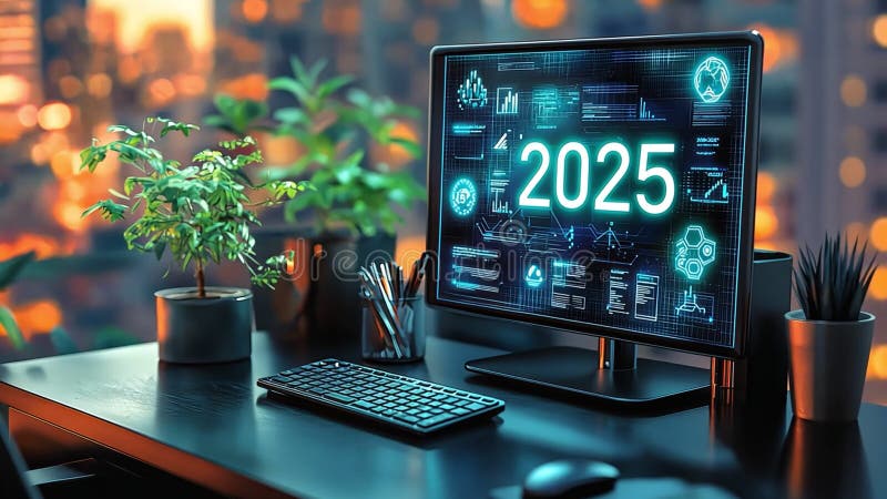 Innovative Workspace with Computer Monitor Showcasing Data Analytics for 2025, Surrounded by Plants and Technology stock illustration