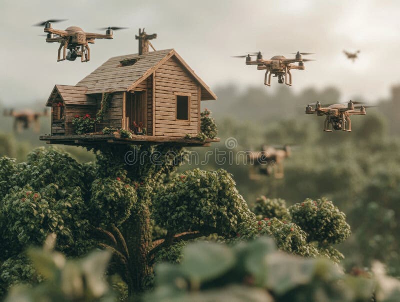 Innowacyjny nadzór dronów nad drzewem w środowisku lasów łusznych royalty ilustracja