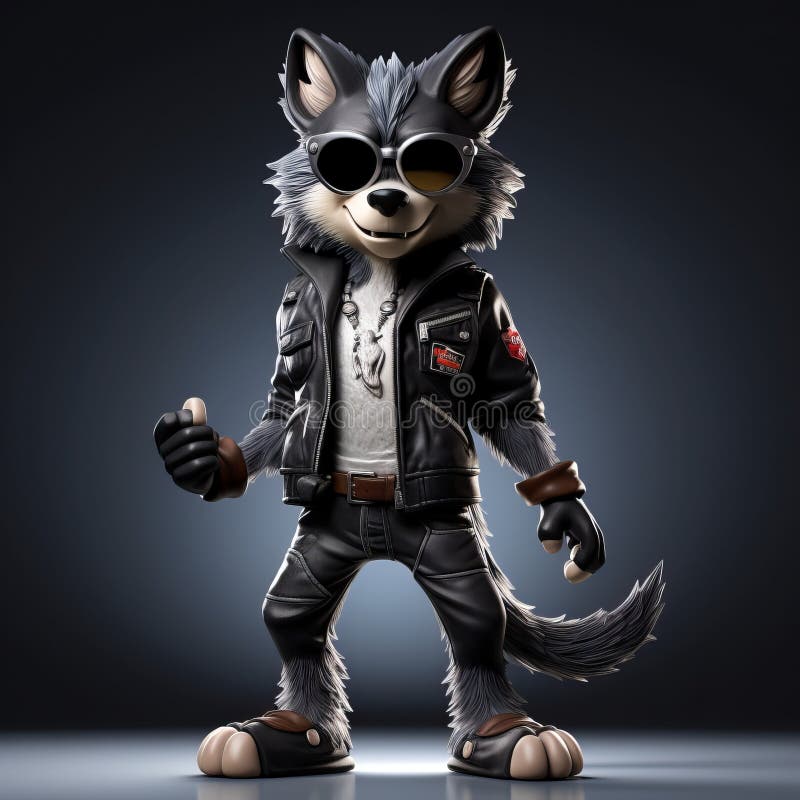 Inocencia juguetona : lobo tipo caricatura con chaqueta de cuero y gafas de sol. Un personaje de lobo de dibujos animados inspirado en el estilo de zcel se representa usando gafas de sol y una chaqueta. esta adorable escultura de juguete muestra el encanto de personajes inspirados en el vapor. con un toque de konica gran mini estética la baja resolución y las proporciones oscuras añaden un giro único a esta fascinante obra de arte. generado por ai