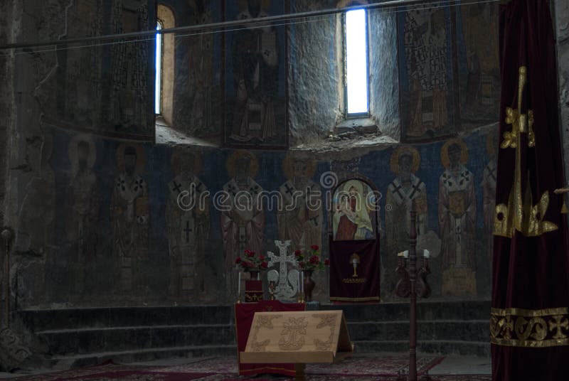 Inom den Akhtala kloster eller väggmålningar av Surp Astvatsatsin i Armenien arkivfoton Inom den Akhtala kloster eller väggmålningar av Surp Astvatsatsin i Armenien arkivfoton