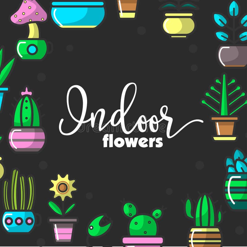 Inomhus blommor och husväxter av den hem- dekorativa blom- trädgårds- vektoraffischen stock illustrationer Inomhus blommor och husväxter av den hem- dekorativa blom- trädgårds- vektoraffischen stock illustrationer