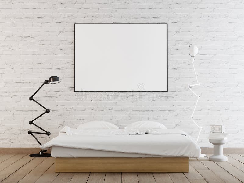 Inre affischåtlöje upp med horisontalramen på väggen i hem- sovruminre vektor illustrationer Inre affischåtlöje upp med horisontalramen på väggen i hem- sovruminre vektor illustrationer