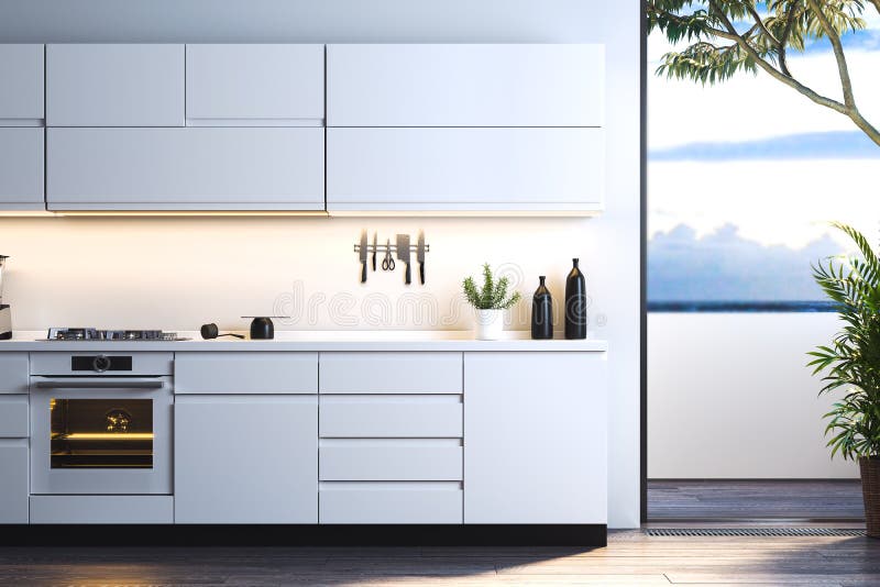 Inre av ljust modernt stilfullt kök med stor fönsterhavssikt framf? rande 3d stock illustrationer