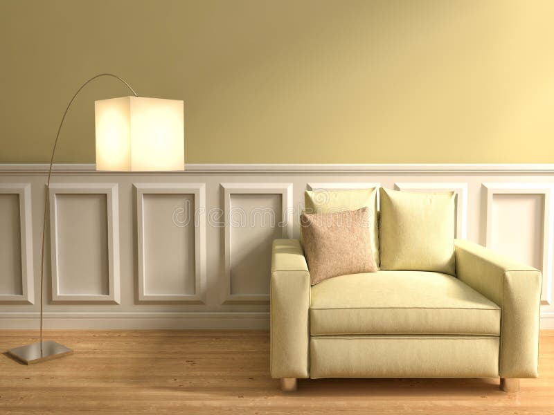 Inre i beige färg med stol och lampan illustration 3d vektor illustrationer Inre i beige färg med stol och lampan illustration 3d vektor illustrationer