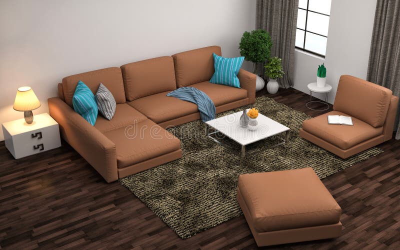 Inre med den bruna soffan illustration 3d royaltyfri illustrationer