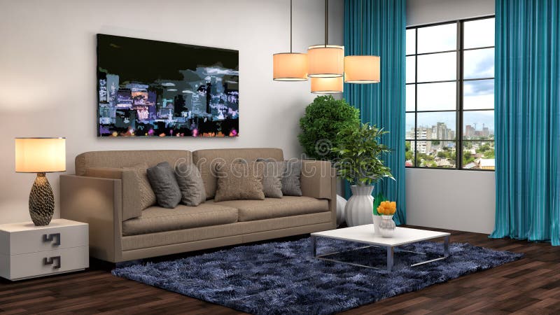 Inre med den bruna soffan illustration 3d stock illustrationer