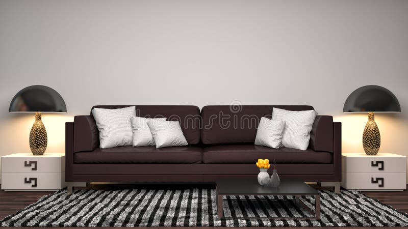 Inre med den bruna soffan illustration 3d royaltyfri illustrationer