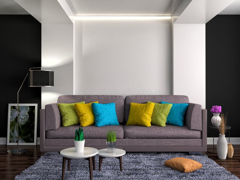 Inre med den bruna soffan illustration 3d vektor illustrationer
