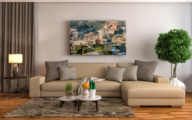 Inre med den bruna soffan illustration 3d stock illustrationer