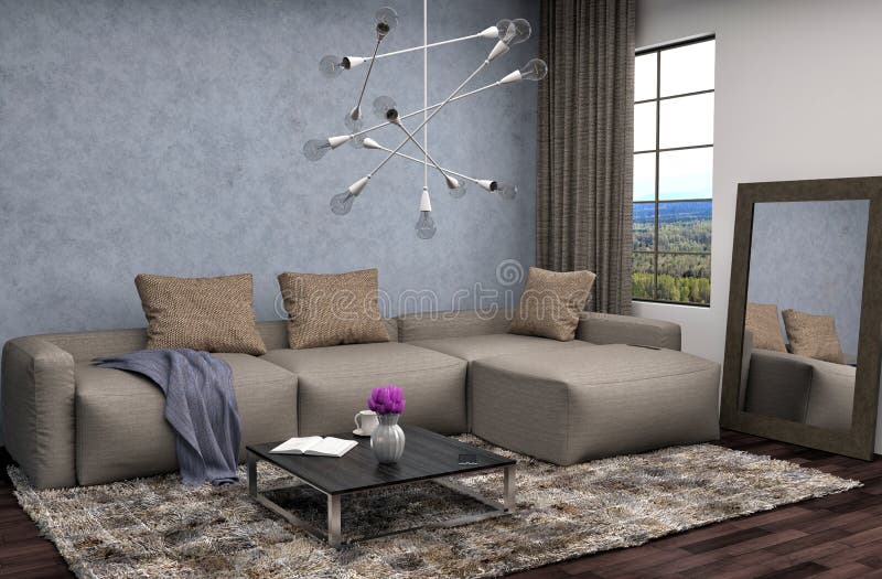 Inre med den bruna soffan illustration 3d royaltyfri illustrationer