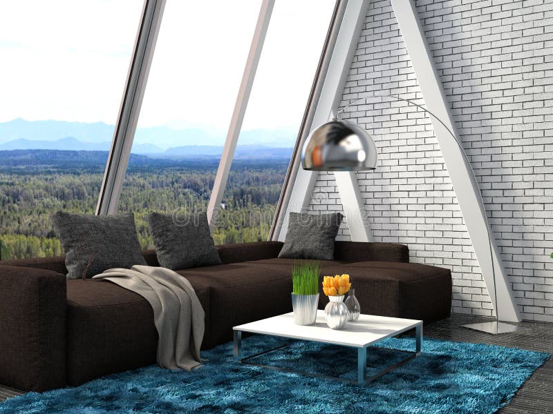 Inre med den bruna soffan illustration 3d stock illustrationer