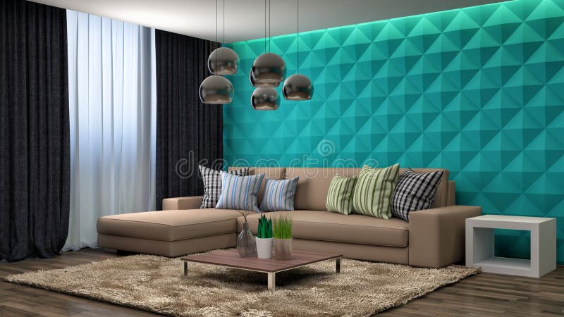 Inre med den bruna soffan illustration 3d stock illustrationer