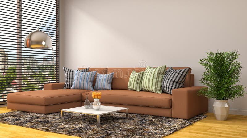 Inre med den bruna soffan illustration 3d vektor illustrationer