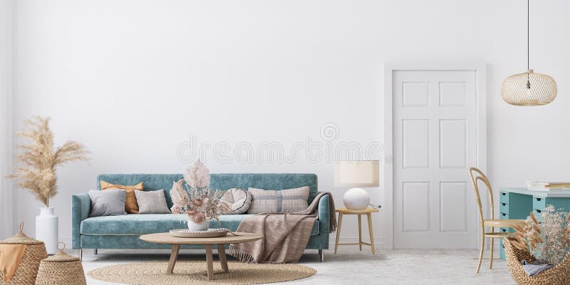 Inre mockup i hemmet med blå sofa-träbord och dekor i vita vardagsrum stock illustrationer