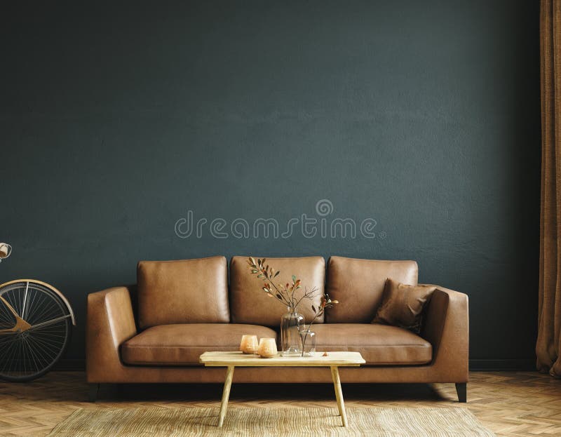 Inre mockup i hemmet med brunt lädersofa-bord och dekor i vardagsrum royaltyfri illustrationer