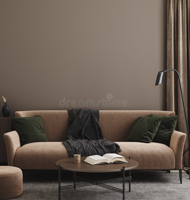 Inre mockup i hemmet med modernt brunsofa-bord och dekor i vardagsrummet stock illustrationer