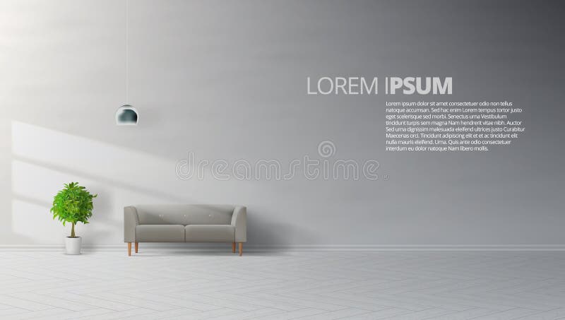 Inre ren vägg för Livingroom med Grey Sofa, lampan och växten stock illustrationer