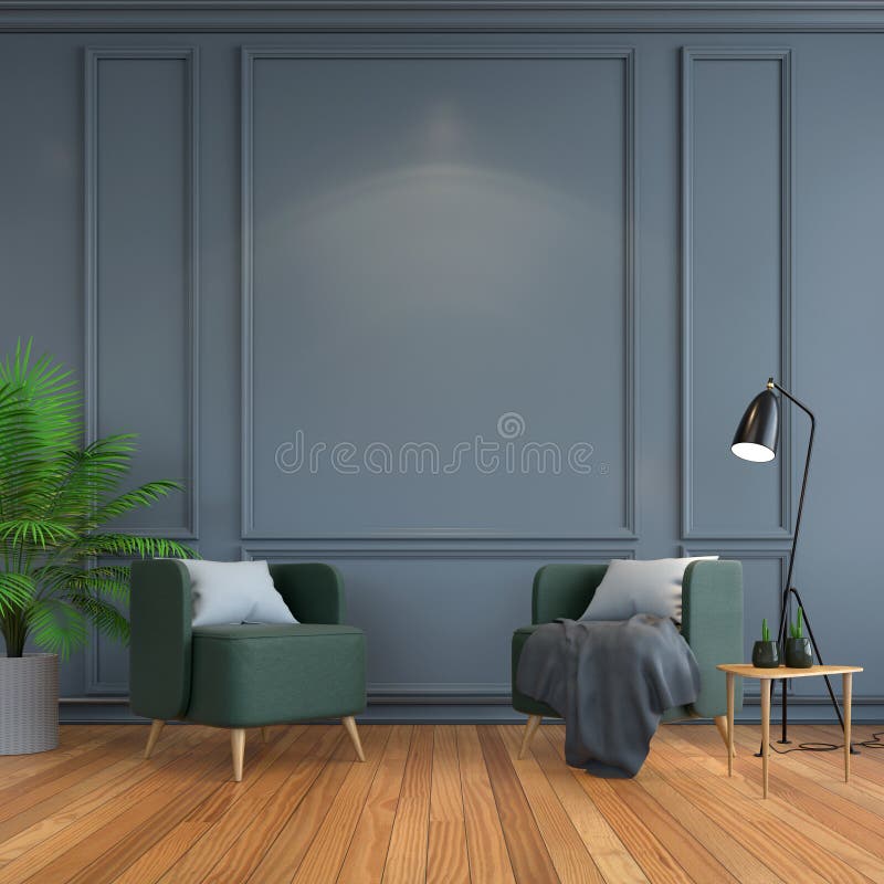 Inre rum för tappning, modernt möblemang, lyxig dekor, grön stolsvartlampa på den wood durken och mörker - grå ramvägg /3d vektor illustrationer