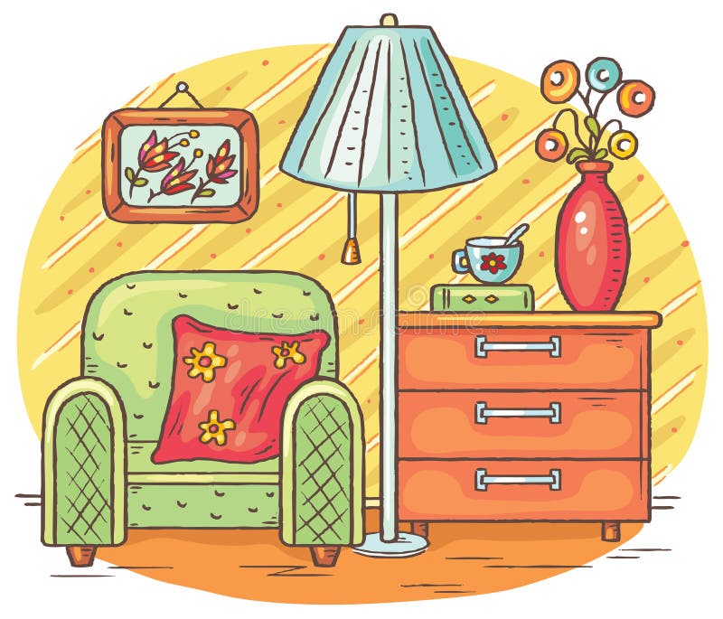 Inre teckning med en fåtölj, en lampa och en byrå vektor illustrationer Inre teckning med en fåtölj, en lampa och en byrå vektor illustrationer