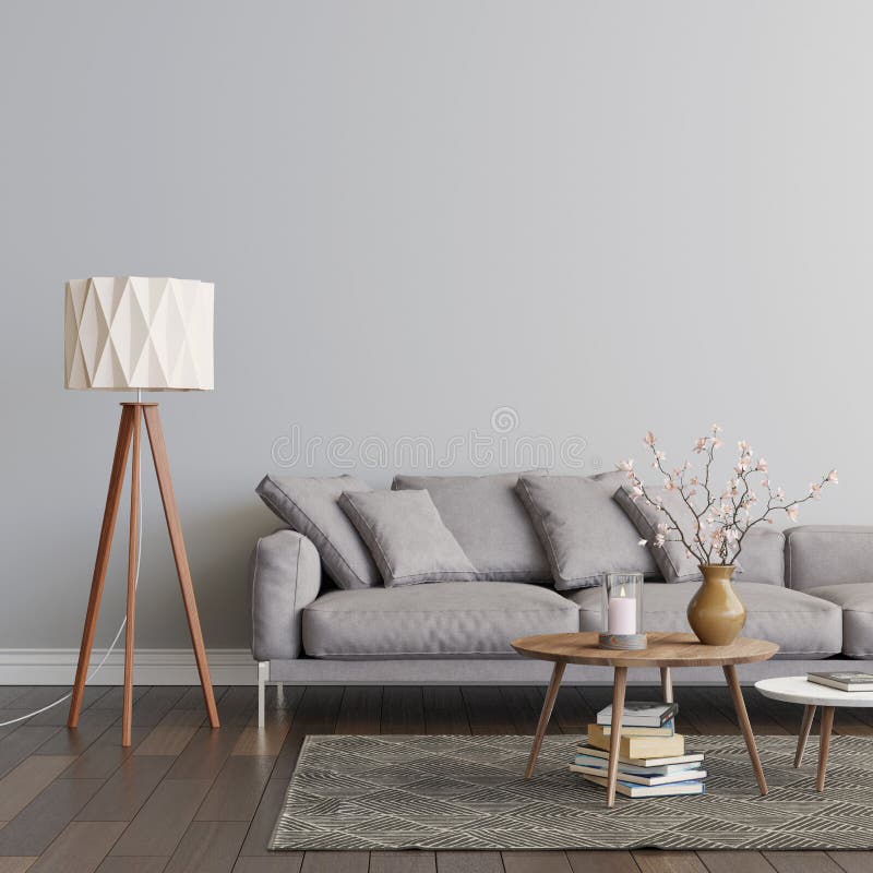 Inredning i vardagsrummet med grå sofa två kaffepresentationer på mattan och golvlampan. tom grå väggmockup 3d-rendering. royaltyfri illustrationer