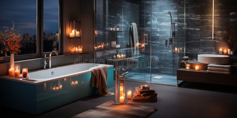 Inredningsdesign för elegant badrumsluxury badtub romantisk atmosfär royaltyfri illustrationer