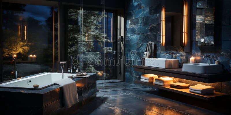 Inredningsdesign för elegant badrumsluxury badtub romantisk atmosfär royaltyfri illustrationer