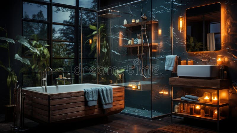 Inredningsdesign för elegant badrumsluxury badtub romantisk atmosfär royaltyfri illustrationer