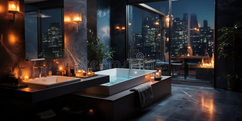Inredningsdesign för elegant badrumsluxury badtub romantisk atmosfär vektor illustrationer