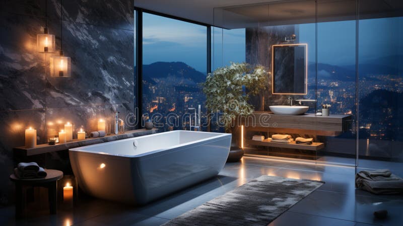 Inredningsdesign för elegant badrumsluxury badtub romantisk atmosfär royaltyfri illustrationer