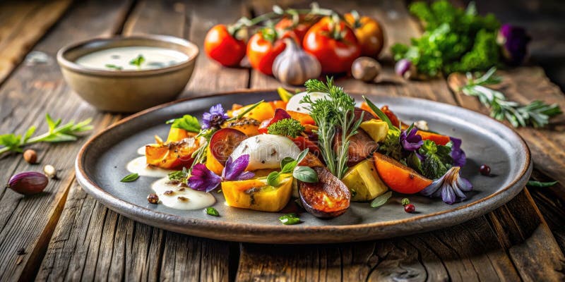 Insalata aromatica di ortaggi torrefatta con salsa di erbe e fiori commestibili su una tavola di legno rustico. Generative AI illustrazione di stock